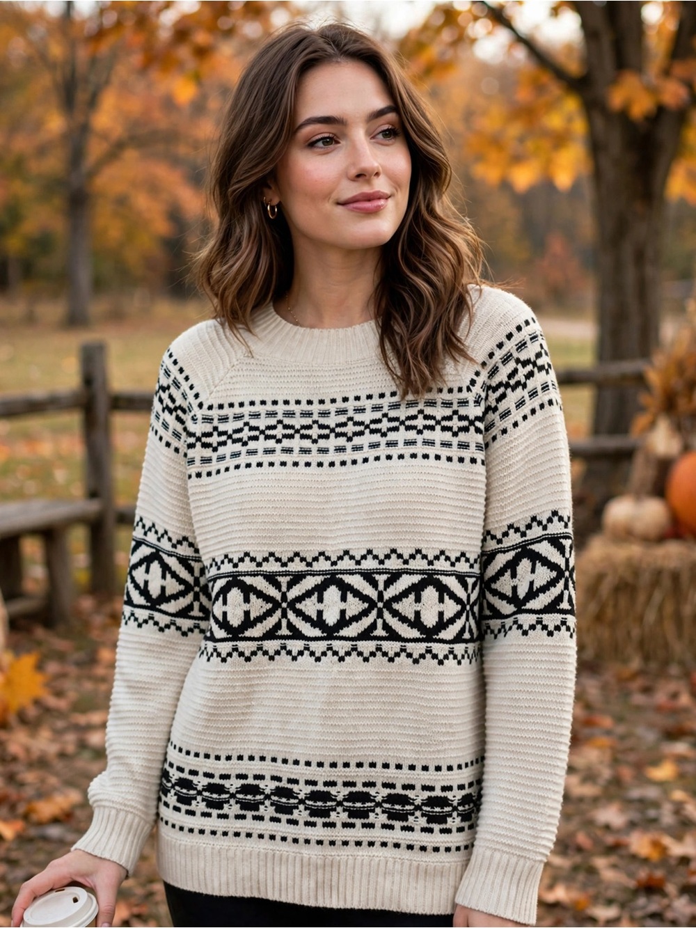 Chaps Cream Fair Isle Pullover Sweater Black Geometric Knit | Size XL